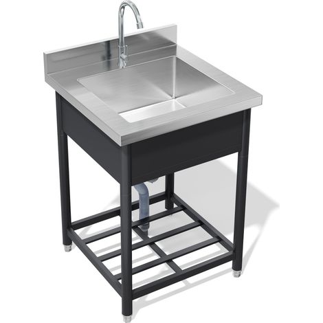 Évier inox autoportant extérieur 60x60 cm avec robinet et étagère de rangement, cuve unique grande capacité, pieds réglables silencieux pour cuisine, jardin, atelier et usage professionnel (1/5)