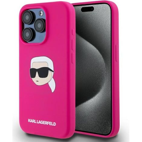 Funda rígida de silicona Karl Lagerfeld KLHMP15LSKHPPPLF para iPhone 15 Pro de 6,1 pulgadas, color fucsia, con estampado de la cabeza de Karl y MagSafe. (1/5)