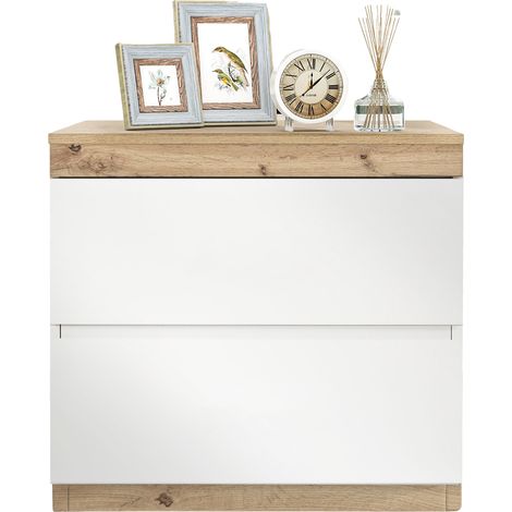 Comodino con 2 Cassetti, Mobile Contenitore per Camera da Letto, in Pannello Truciolare, Bianco e Rovere (1/5)