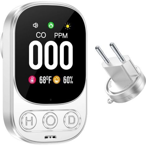 Carbon Monoxide Detector, 3 in 1 Plug-in CO Detector with Temperature and Humidity Display, Mini Travel Alarm for Home, with Built-in Battery (1/5)