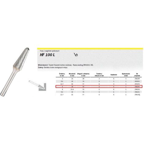 Klingspor 296200 Frese in carburo di tungsteno, HF 100 L, 6 denti, 6 mm Diametro albero, 6 x 18 x 50 mm