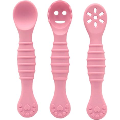 Cuillère D Apprentissage En Silicone - 3 Pièces - Pour Bébés Et Tout-Petits - Souple Et Sécurisée - Couleur Rose (1/5)