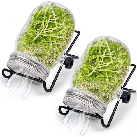 Set di 2 vasi per la germinazione con ampia apertura e coperchi in acciaio inox, completo di supporto e kit di coltivazione per germogli di broccoli, microgreens, erba medica e fagioli mung. (1/5)