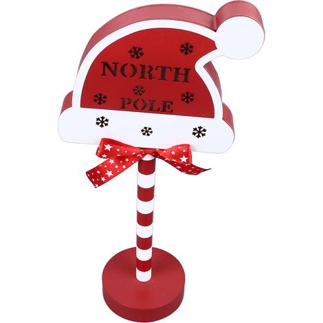 Décoration de Noël « Arrêtez ici » en métal et bois massif avec LED, représentant le Père Noël et un chapeau délicat pour sapin de Noël (15 x 8,5 x 30,5 cm). (1/5)