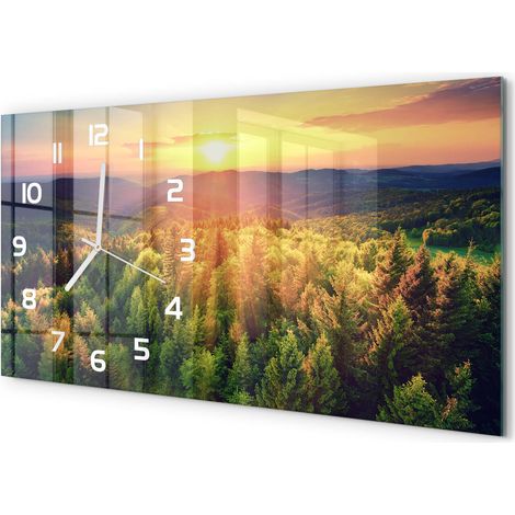 Horloge Murale Design Original 60x30 cm Verre Trempé Silencieuse Salon Coucher du soleil dans la forêt (1/5)