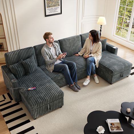 Canapé panoramique 6 places - canapé en U convertible modulable avec couchage gigogne, double rangement, USB Type-C - velours côtelé - Gris (1/5)
