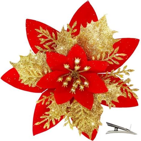 Fleurs Artificielles - Poinsettia Noël - 20 Pièces - Doré Rouge - Décoration Sapin Scintillante (1/4)