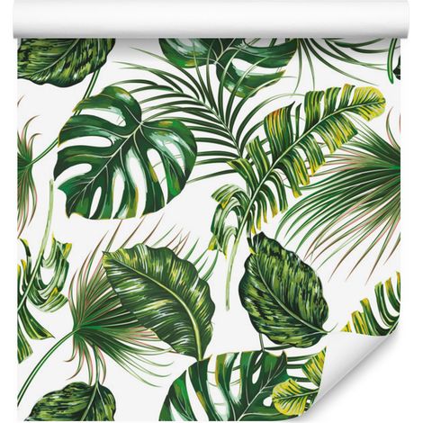 Papel pintado con estampado de hojas tropicales y selva para salón y dormitorio, 50x1000 cm. (1/5)