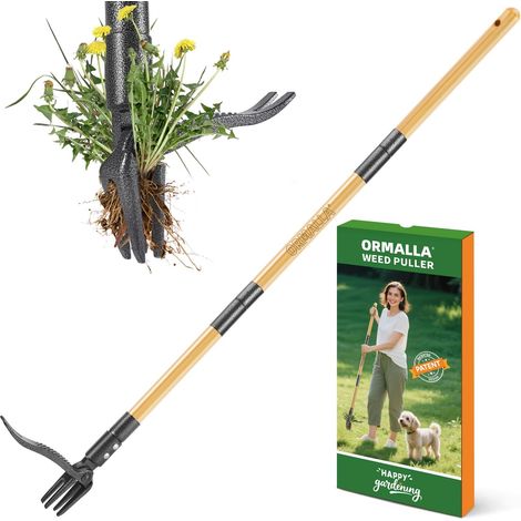 Désherbeur Manuel 1.1m Longueur, Arrache Pissenlit, Manche en Bambou Naturel et 4 Griffes en Métal, Désherbeur de Jardin Debout avec des Gants de Jardinage, Adapté Aux Animaux (Upgrade) (1/5)