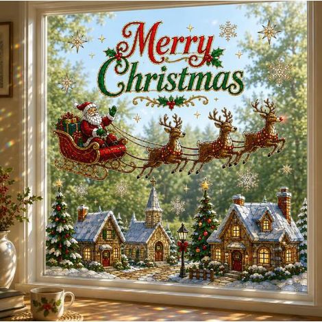 New Creative Large Christmas Window Sticker, Christmas Decoration, Flat Poster, Waterproof Sticker - Sleigh - 7070cm