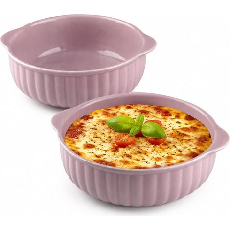 2 Articles Plat à Gratin Rond en Céramique Avec Poignées Violet (1/5)