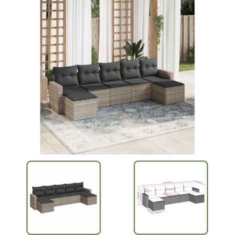 The Living Store 7-tlg. Garten-Sofagarnitur mit Kissen Hellgrau Poly Rattan - Gartensofas - Outdoor Möbel - Lounge Set - Gartenlounge - Rattan Sofa (1/3)