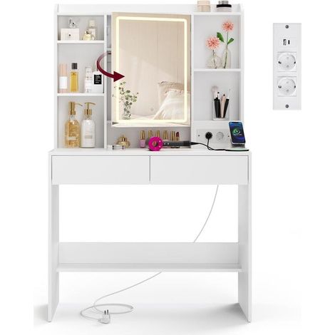 Coiffeuse moderne avec miroir réglable 40 x 90 x 145 cm style épuré 2 tiroirs rangement pratique en aggloméré blanc (1/2)