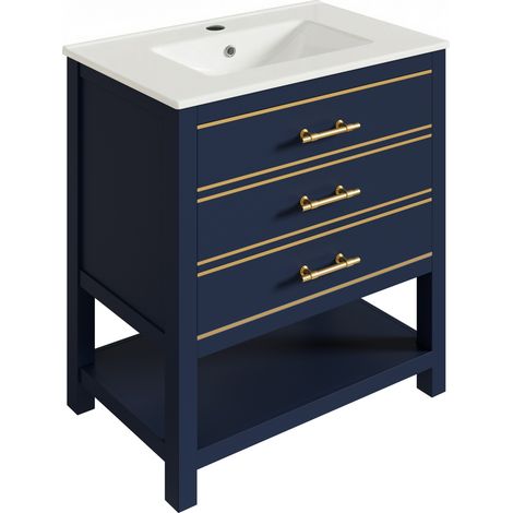 CAIziMeuble sous-vasque lavabo céramique 2 tiroirs MDF laqué poignées dorées (1/5)