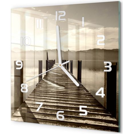 Horloge Murale Carrée Déco Salon Verre Trempé Silencieuse Design Contemporain Pont en bois 30x30 cm (1/5)