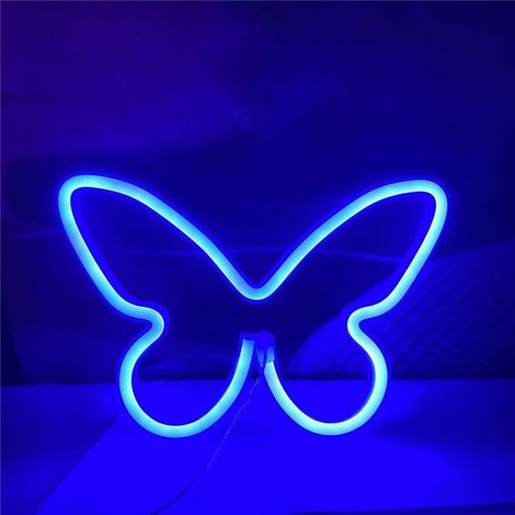 Lampe Néon Papillon - LED Bleu - Alimentation USB ou Piles AA - Décoration Murale pour Chambre Salon Bar Fête Noël Anniversaire - 1 Pièce (1/5)