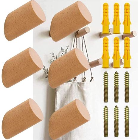 6 Pieces Wooden Wall Hooks, Natural Wood Coat Hooks, Wood Hooks and Coat Hooks for Home, Natural Wood Hook, Wood Hook Fixing