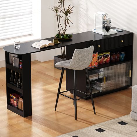 Bar moderne, buffet réversible extensible et pivotant à 360°, avec rangement et éclairage LED, panneau perforé et prises, pour cuisine et salle à manger (Noir) (1/5)