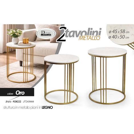 Set 2 tavolini tondi in ferro colore oro/bianco