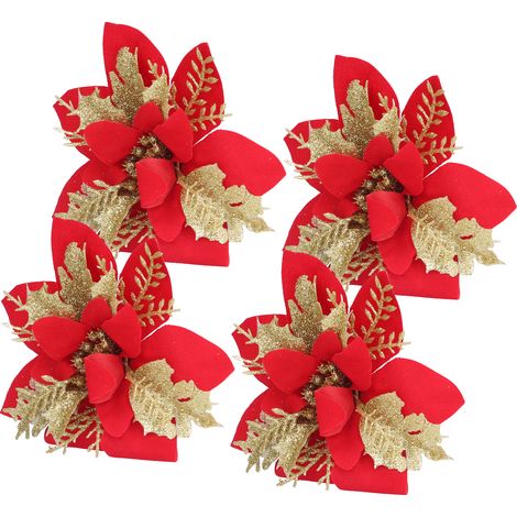 4 pièces Fleurs Artificielles pour Sapin de Noël Poinsettia Rouge et Doré à Paillettes avec Poudre Dorée (1/5)