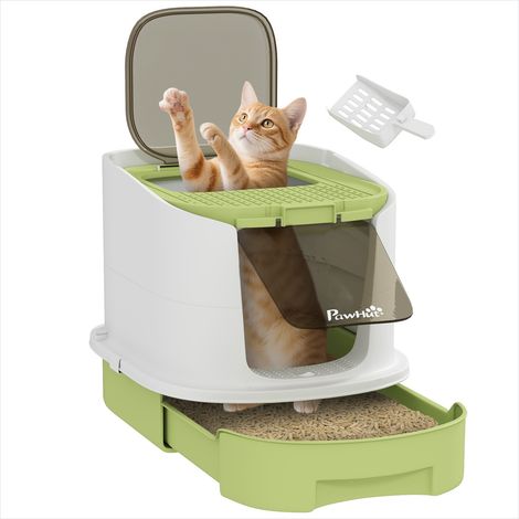 Bac à litière fermé pour chat avec porte translucide et pelle (1/5)