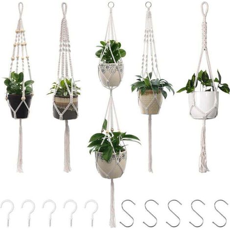 Set di 5 supporti per piante sospesi in macramè, con corda di cotone, ideali per sostenere vasi di fiori.