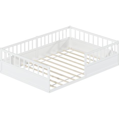 Lit au sol enfant en bois massif 140x200 cm avec barrière anti-chute et sommier à lattes, lit Montessori avec côté ouvert, lit simple en pin blanc (1/5)