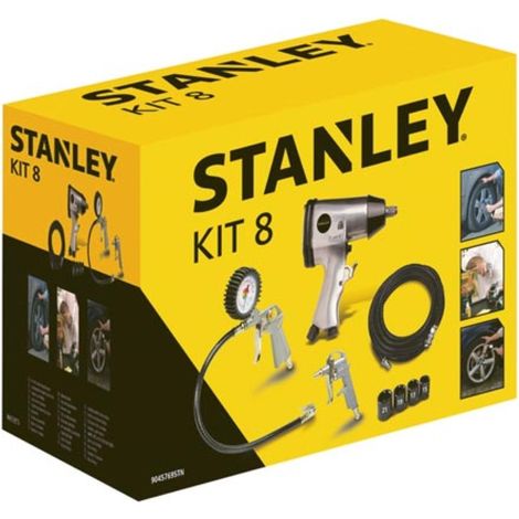 Stanley – Kit d’outils pneumatiques 8 pièces – Clé à chocs, pistolet de gonflage avec manomètre, tuyau d’air 10m – Pour nettoyage et entretien professionnel