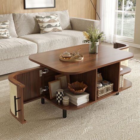 Table basse rectangulaire 80x60x47 cm, design arrondi, effet cannage, rangement, MDF, effet noyer (1/5)
