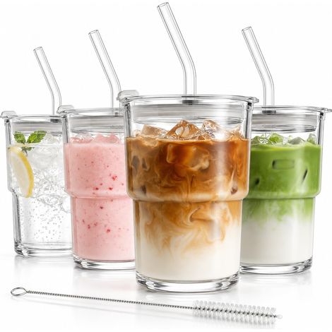 Lot de 4 verres à matcha de 450 ml avec couvercle et paille, verres à café glacé esthétiques, grands gobelets en verre avec paille, verre à bulles et verres à cocktail (1/5)