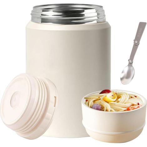 Boîte Alimentaire Isotherme 750ml, Récipient Isotherme Pour Aliments, En Acier Inoxydable, étanche, Thermo Isolant Contenant Avec Cuillère Pour Bureau, Ecole, Camping (Blanc) (1/5)