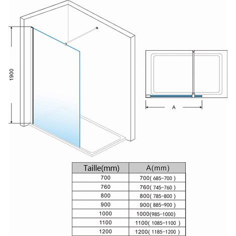 SIRHONA Paroi de douche à l’italienne en verre anticalcaire transparent 8mm avec barre de stabilisation 100 cm découpable 100 x 200 cm