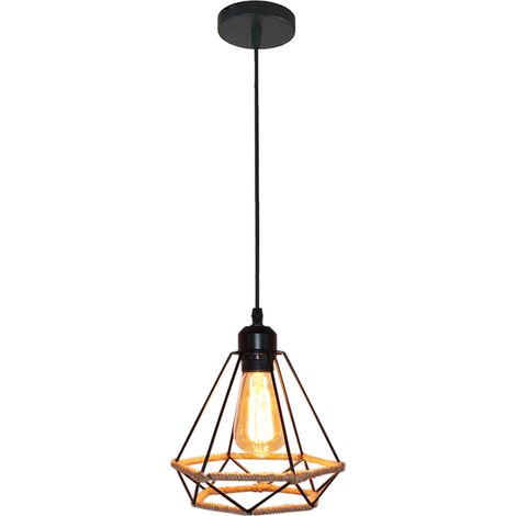 Vintage Metall Hanfseil Kronleuchter in Rautenform E27 Hänge-Leuchte Deckenlampe für Schlafzimmer Wohnzimmer Küche Bar Korridor Schwarz