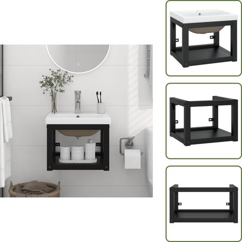 Badezimmer-Waschtischgestell mit Waschbecken Schwarz Eisen - Wandmontage - Waschtischgestell - Badezimmerarmaturen - Keramikwaschbecken - Schwarzes Möbel (1/5)