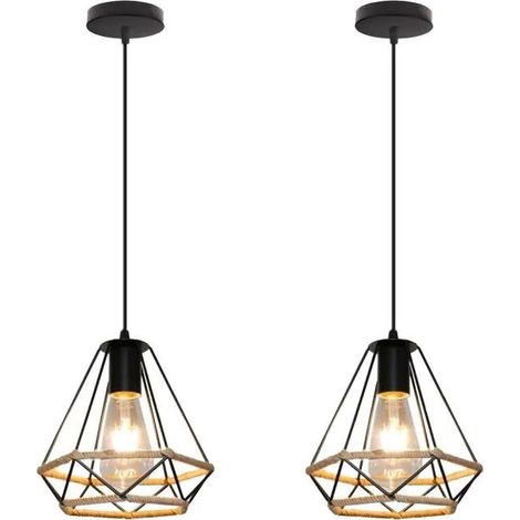 U-Do 2x Rétro Suspension Filaire Ajustable Industriel Lampe en Corde de Chanvre E27 Métal Lustre éclairage pour Cuisine Bureau (1/4)