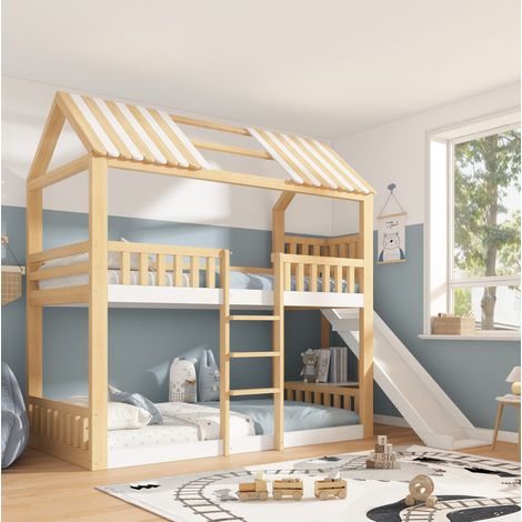 FLORAGRACE Lit superposé enfant 90x200 cm en bois blanc avec toit, toboggan 35 cm, blanc/naturel, EN 747, sans matelas (1/5)