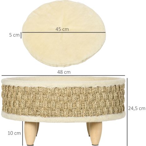 Cama para mascotas PawHut para gatos y perros, de junco marino, cojín lavable, 48 cm x 48 cm x 24,5 cm, beige + caqui - Natural