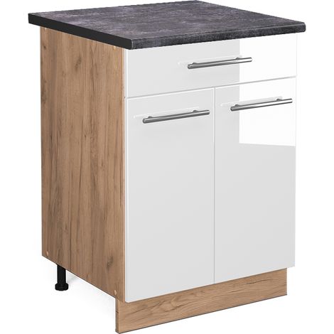 Mueble bajo de cocina Fame-Line, Blanco alto brillo, 60 cm con cajón, ET Antracita, Vicco