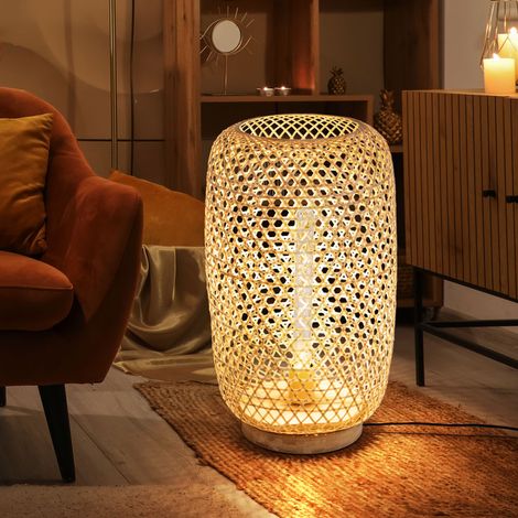 LED Stehlampe Stehleuchte Holzlampe Beistellleuchte Holzleuchte, Bambus natur Bohostil Schalter, 1x E27 Filament LED warmweiß, DxH 31x55cm