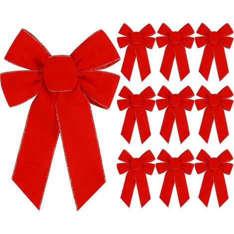 Ribbon Bow - Velvet Christmas Bow - 9 x 13 Inches - Glitter Gold Edge - Indoor Outdoor Decoration - 10 Pieces (1/5)