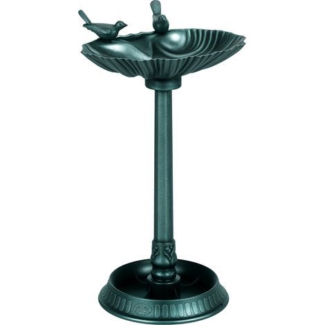 Bain d'oiseaux avec statues, 2 bassins, plastique, aspect antique, 49,5 cm (L) x 38 cm (l) x 81 cm (H), vert foncé (1/5)
