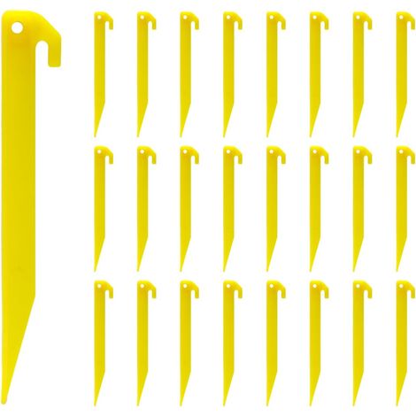 24 estacas de plástico resistentes, puntiagudas y de 23 cm de largo, con ganchos, ideales para toldos, camping y caravanas. Estas estacas también son adecuadas para césped, playa, decoración de jardin