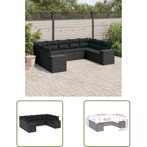 The Living Store 9-tlg. Garten-Sofagarnitur mit Kissen Schwarz Poly Rattan - Gartensofas - Outdoor Möbel - Gartenlounge - Rattan Gartenmöbel - Wetterfeste Gartenmöbel (1/3)