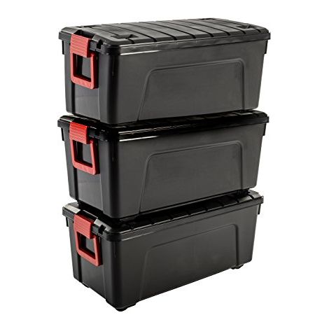 Iris Ohyama, grande contenitore in plastica, contenitore per garage da 75 litri, Lotto di 3, SIA-75, nero, impilabile, clip di chiusura - L78 x P39,5 x A35 cm (1/4)