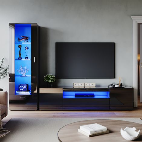 ELEGANT Living Room Home Furniture Set 2000mm LED TV Unit Stand Display Cabinet Sideboard with 16 color RGB LED Lights Storage Unit in Black High Gloss Style 5 (1/5)