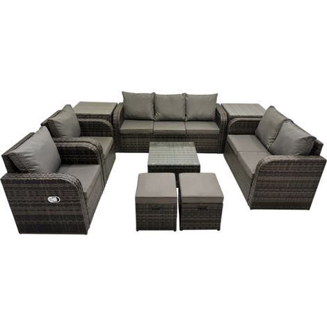 Fimous 3 Seater Sofa Reclining Chair Coffee Table Set Rattan Garden Outdoor Furniture Set with 2 Side Tables 2 Small Stool Dark Grey Mixed (1/5)