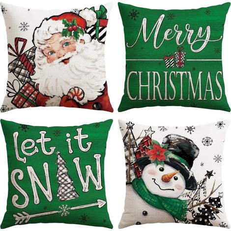 Juego de 4 fundas de cojín decorativas de Feliz Navidad, 45 x 45 cm, diseño de Papá Noel y muñeco de nieve, color verde, para sofá o sillón. (1/5)