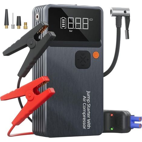 Booster Batterie Voiture avec Gonfleur,Demarreur Batterie Voiture avec Compresseur d'air Portable 7en1,Jump Starter Boost pour Moto de 12000 mAh,Booster d'urgence avec Lampe LED,Charging USB-C (1/4)