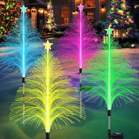 Lot de 4 décorations de Noël solaires – Guirlandes lumineuses méduses 7 couleurs de 98 cm (38,5 pouces) avec 5 couches de fibres optiques en forme de fleur pour jardin/cour extérieure