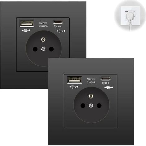 Lot de 2 prises murales USB et Type-C, protection surtension, universelle – 86 mm, noir (1/5)